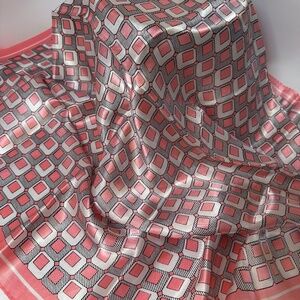 Vintage Silk Scarf 28” Coral Pink Geometric Mod Square Scarf